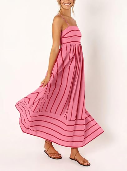 Women's Striped Back Pleated Maxi Dress Sexy Spaghetti Straps Hollow Flowing Maxi Dress